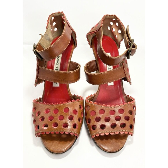 Manolo Blahnik Brown & Orange Laser Cut Sandal Heels Dot Pattern Vintage Sz 36 6 - Picture 1 of 11